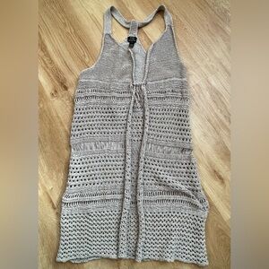 Long crochet vest open cardigan tan boho bohemian fringe L/XL Fresh Produce